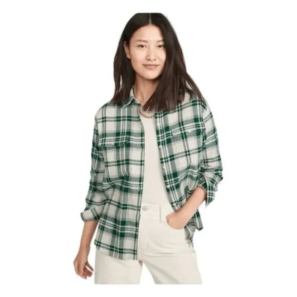 NWT Old Navy Green Loose Fit Plaid Flannel Boyfriend Button-Down Shirt Size S